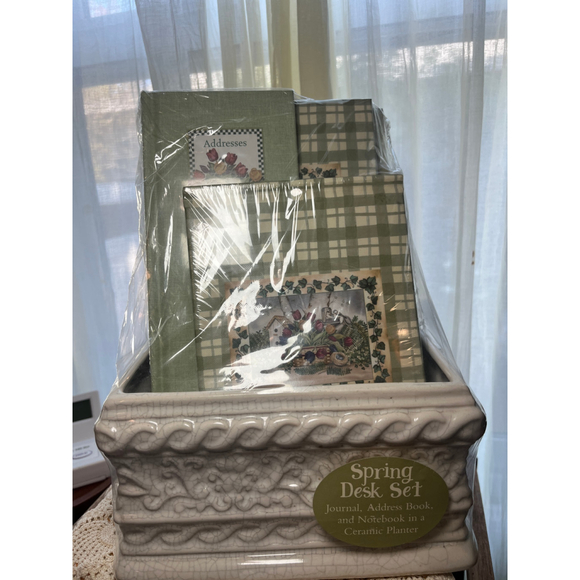 Vintage Cottagecore Desk Set w Ceramic Planter – Floral Garden Stationery Organi - Picture 2 of 6